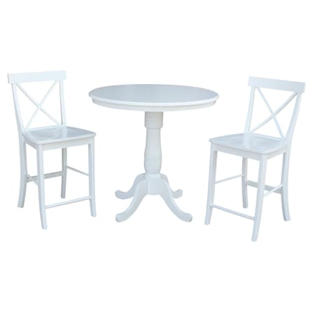 International Concepts Round 36 in Rd Pedestal Gathering Ht Table, 2 X-Back Counter Ht Stools, White, 36 in W, 36 in L, Wood K08-36RT-6B-32